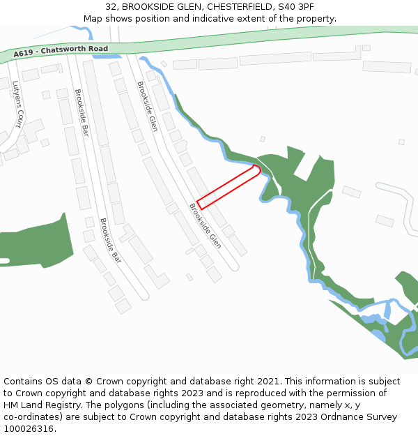 32, BROOKSIDE GLEN, CHESTERFIELD, S40 3PF: Location map and indicative extent of plot