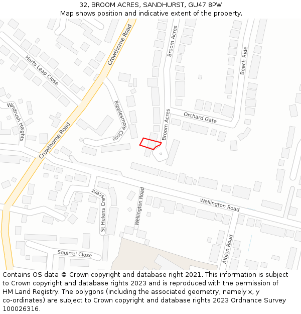 32, BROOM ACRES, SANDHURST, GU47 8PW: Location map and indicative extent of plot