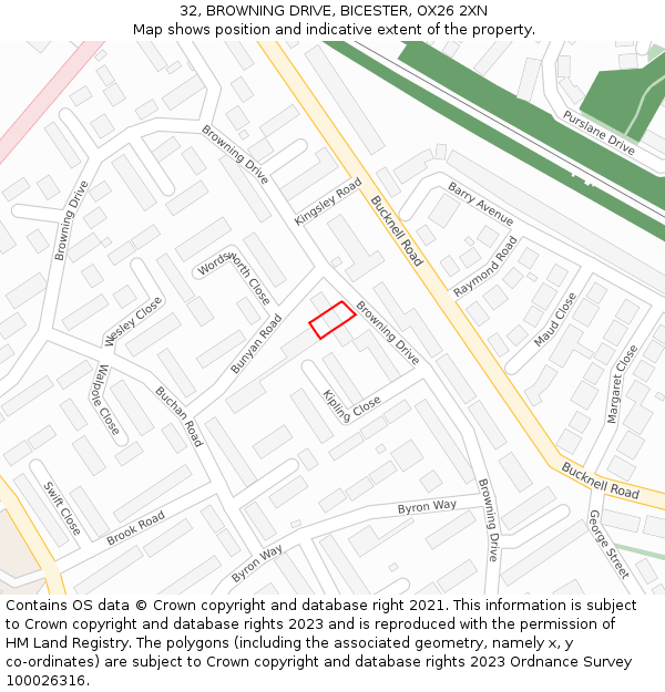 32, BROWNING DRIVE, BICESTER, OX26 2XN: Location map and indicative extent of plot