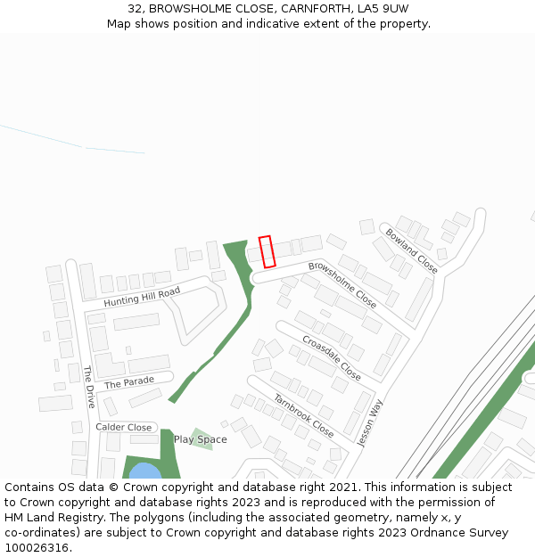 32, BROWSHOLME CLOSE, CARNFORTH, LA5 9UW: Location map and indicative extent of plot