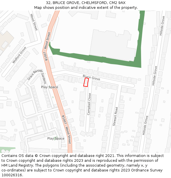 32, BRUCE GROVE, CHELMSFORD, CM2 9AX: Location map and indicative extent of plot