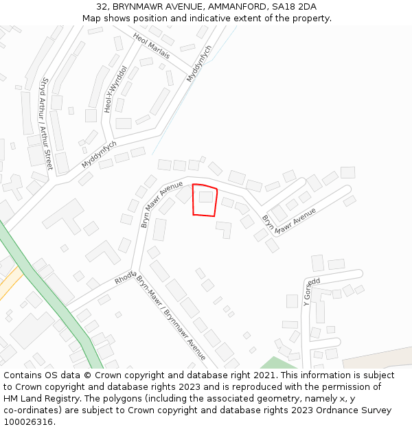 32, BRYNMAWR AVENUE, AMMANFORD, SA18 2DA: Location map and indicative extent of plot