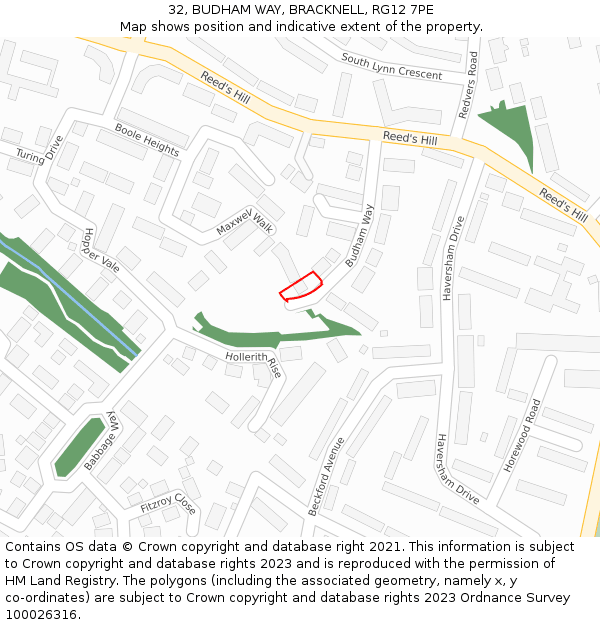 32, BUDHAM WAY, BRACKNELL, RG12 7PE: Location map and indicative extent of plot