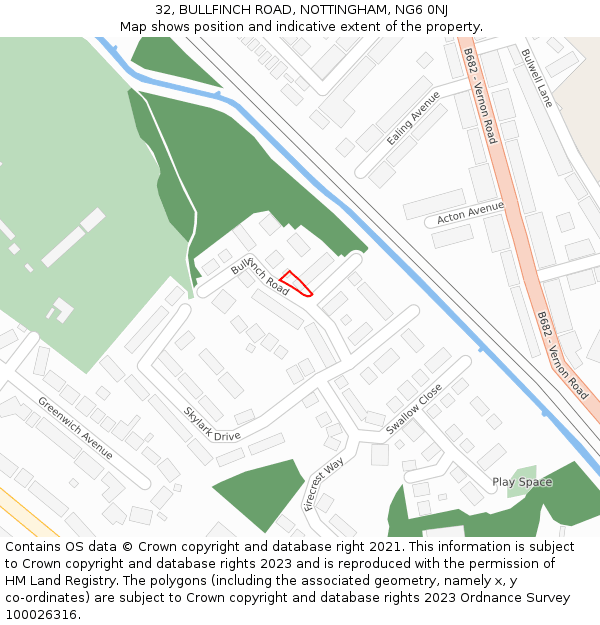 32, BULLFINCH ROAD, NOTTINGHAM, NG6 0NJ: Location map and indicative extent of plot