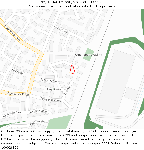 32, BUNYAN CLOSE, NORWICH, NR7 0UZ: Location map and indicative extent of plot