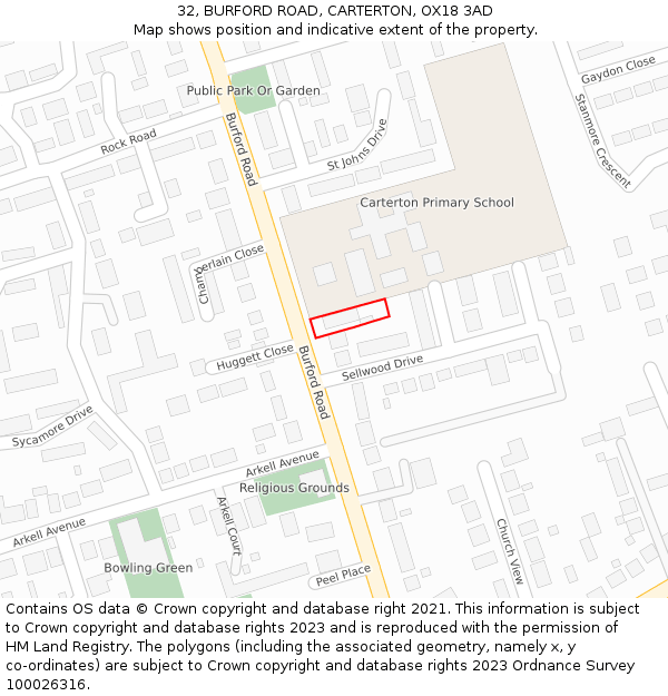 32, BURFORD ROAD, CARTERTON, OX18 3AD: Location map and indicative extent of plot