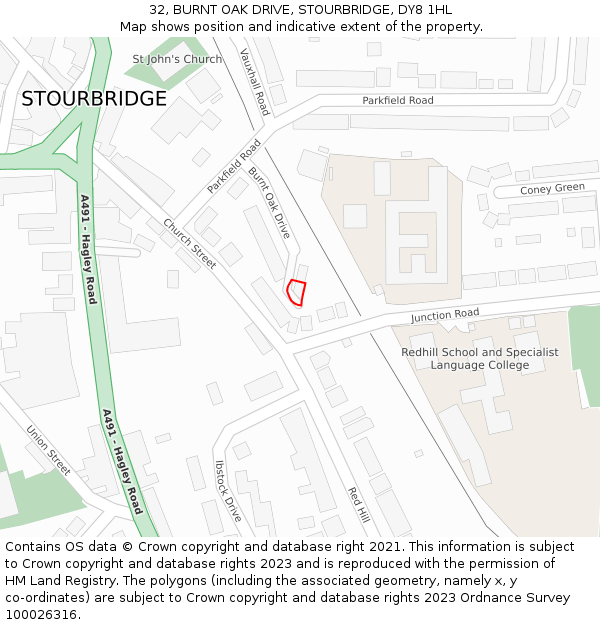 32, BURNT OAK DRIVE, STOURBRIDGE, DY8 1HL: Location map and indicative extent of plot