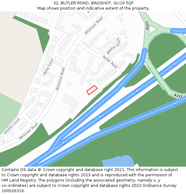 32, BUTLER ROAD, BAGSHOT, GU19 5QF: Location map and indicative extent of plot