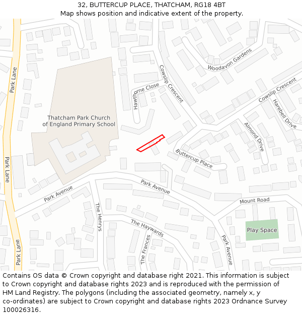 32, BUTTERCUP PLACE, THATCHAM, RG18 4BT: Location map and indicative extent of plot