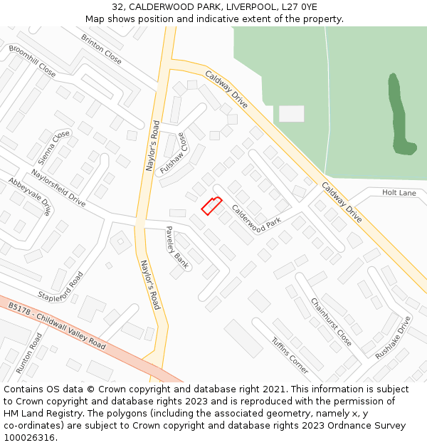 32, CALDERWOOD PARK, LIVERPOOL, L27 0YE: Location map and indicative extent of plot