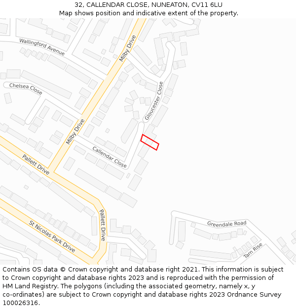 32, CALLENDAR CLOSE, NUNEATON, CV11 6LU: Location map and indicative extent of plot