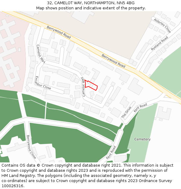 32, CAMELOT WAY, NORTHAMPTON, NN5 4BG: Location map and indicative extent of plot