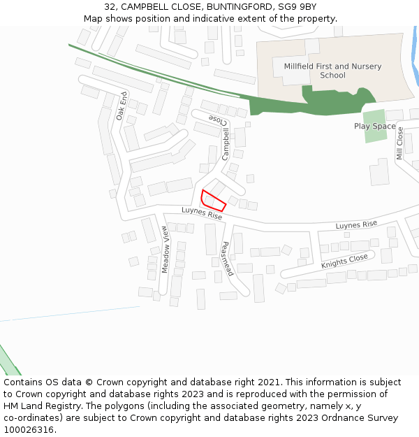 32, CAMPBELL CLOSE, BUNTINGFORD, SG9 9BY: Location map and indicative extent of plot