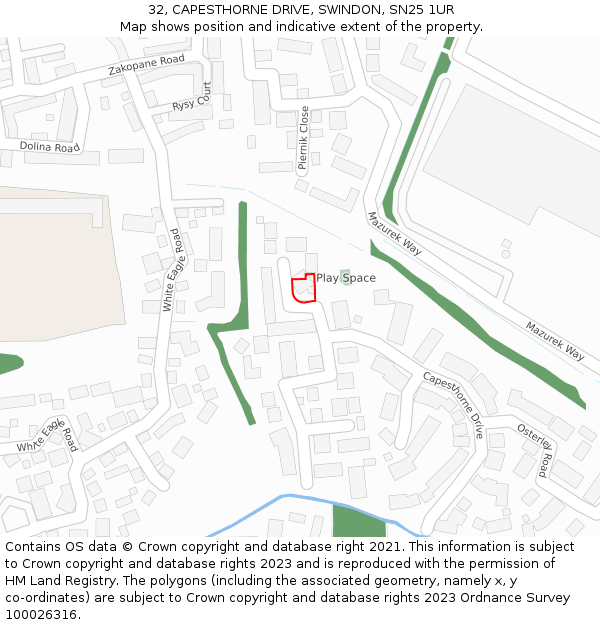 32, CAPESTHORNE DRIVE, SWINDON, SN25 1UR: Location map and indicative extent of plot