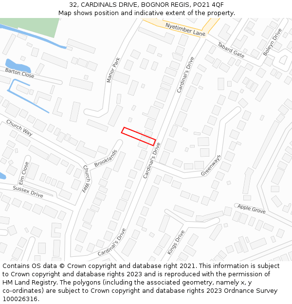 32, CARDINALS DRIVE, BOGNOR REGIS, PO21 4QF: Location map and indicative extent of plot