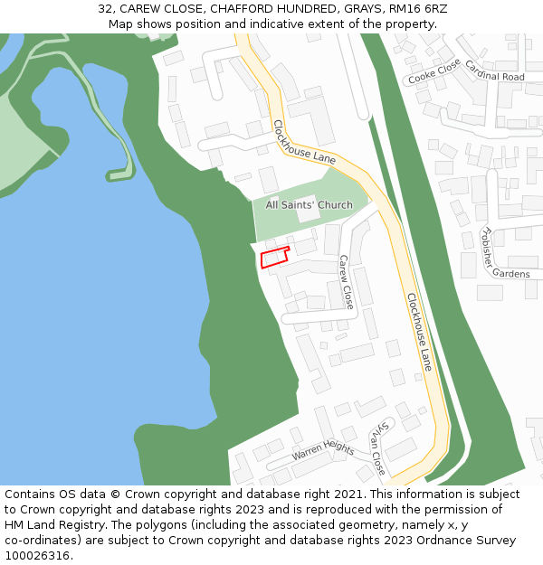 32, CAREW CLOSE, CHAFFORD HUNDRED, GRAYS, RM16 6RZ: Location map and indicative extent of plot