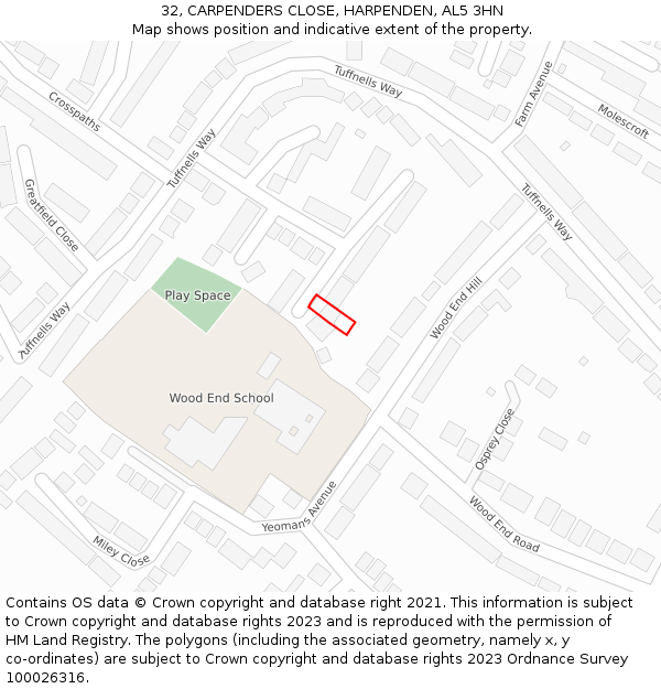 32, CARPENDERS CLOSE, HARPENDEN, AL5 3HN: Location map and indicative extent of plot