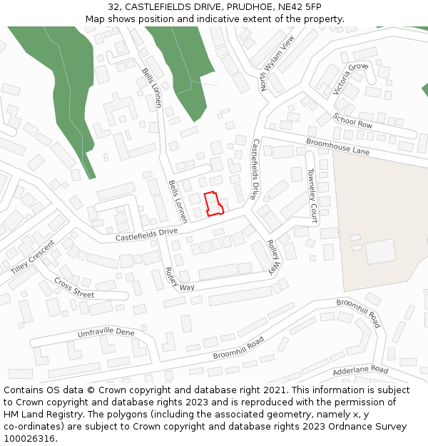 32, CASTLEFIELDS DRIVE, PRUDHOE, NE42 5FP: Location map and indicative extent of plot