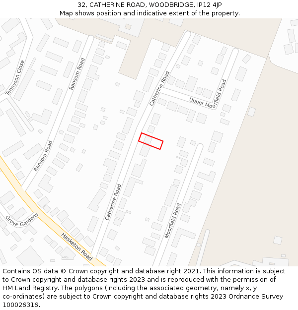 32, CATHERINE ROAD, WOODBRIDGE, IP12 4JP: Location map and indicative extent of plot