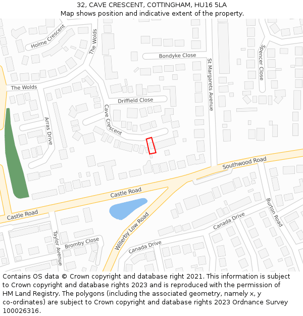 32, CAVE CRESCENT, COTTINGHAM, HU16 5LA: Location map and indicative extent of plot