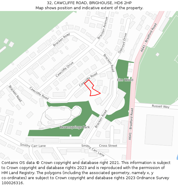 32, CAWCLIFFE ROAD, BRIGHOUSE, HD6 2HP: Location map and indicative extent of plot