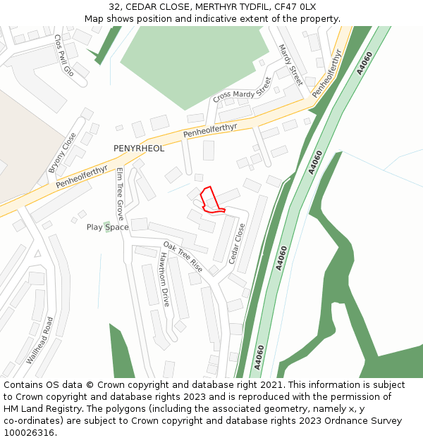 32, CEDAR CLOSE, MERTHYR TYDFIL, CF47 0LX: Location map and indicative extent of plot