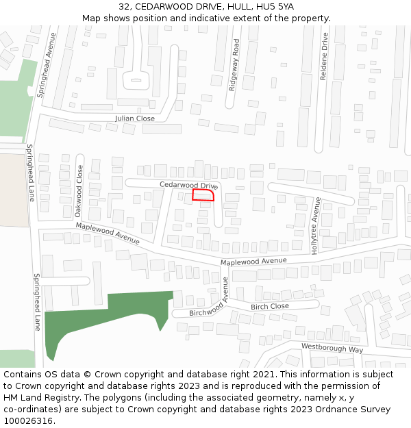32, CEDARWOOD DRIVE, HULL, HU5 5YA: Location map and indicative extent of plot