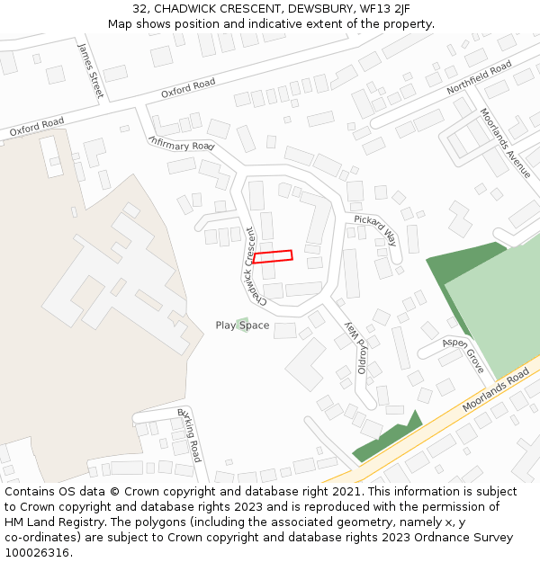 32, CHADWICK CRESCENT, DEWSBURY, WF13 2JF: Location map and indicative extent of plot