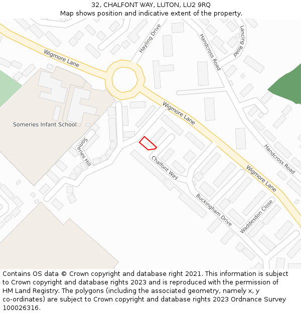 32, CHALFONT WAY, LUTON, LU2 9RQ: Location map and indicative extent of plot