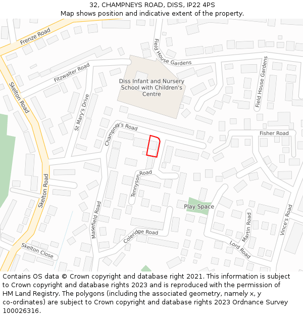 32, CHAMPNEYS ROAD, DISS, IP22 4PS: Location map and indicative extent of plot