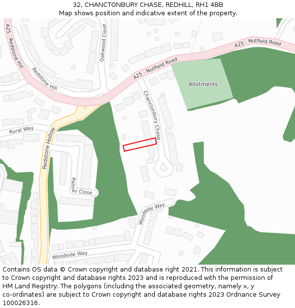 32, CHANCTONBURY CHASE, REDHILL, RH1 4BB: Location map and indicative extent of plot