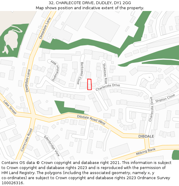 32, CHARLECOTE DRIVE, DUDLEY, DY1 2GG: Location map and indicative extent of plot