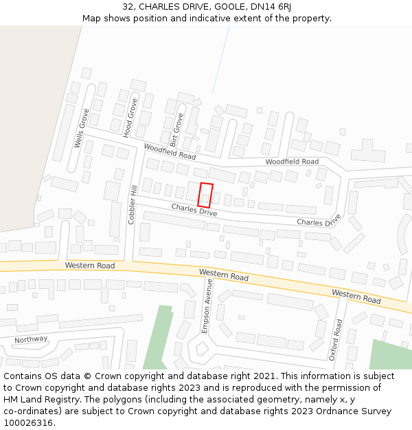 32, CHARLES DRIVE, GOOLE, DN14 6RJ: Location map and indicative extent of plot