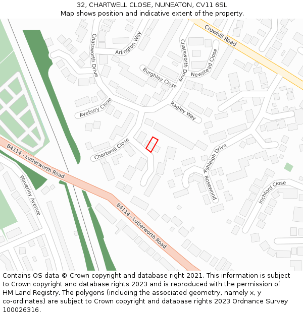 32, CHARTWELL CLOSE, NUNEATON, CV11 6SL: Location map and indicative extent of plot