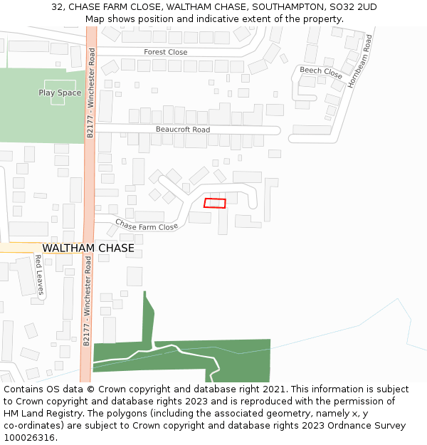 32, CHASE FARM CLOSE, WALTHAM CHASE, SOUTHAMPTON, SO32 2UD: Location map and indicative extent of plot