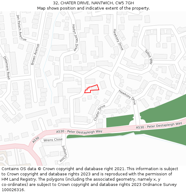 32, CHATER DRIVE, NANTWICH, CW5 7GH: Location map and indicative extent of plot