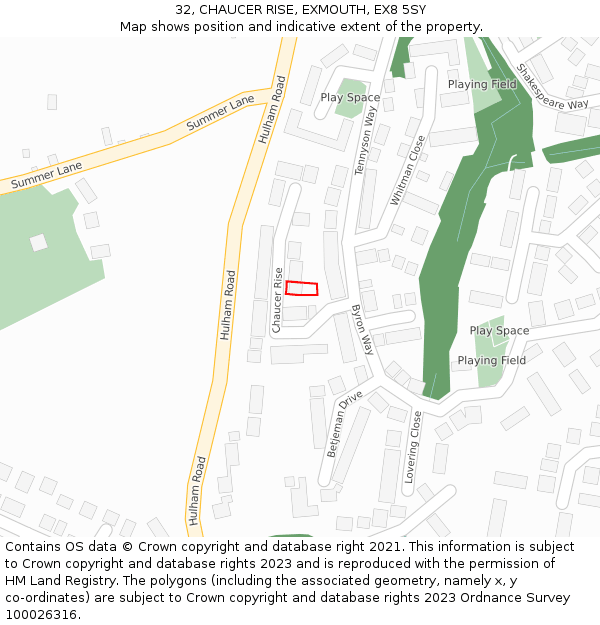 32, CHAUCER RISE, EXMOUTH, EX8 5SY: Location map and indicative extent of plot