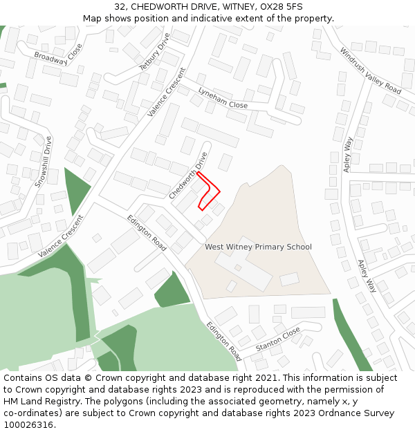 32, CHEDWORTH DRIVE, WITNEY, OX28 5FS: Location map and indicative extent of plot