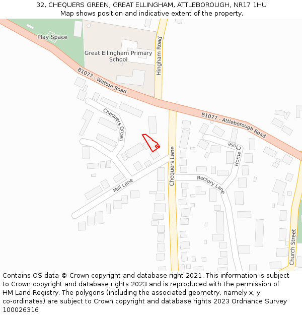 32, CHEQUERS GREEN, GREAT ELLINGHAM, ATTLEBOROUGH, NR17 1HU: Location map and indicative extent of plot