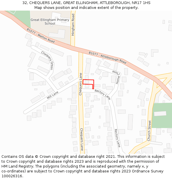 32, CHEQUERS LANE, GREAT ELLINGHAM, ATTLEBOROUGH, NR17 1HS: Location map and indicative extent of plot