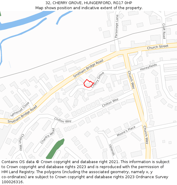 32, CHERRY GROVE, HUNGERFORD, RG17 0HP: Location map and indicative extent of plot