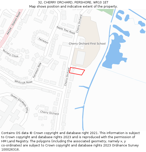 32, CHERRY ORCHARD, PERSHORE, WR10 1ET: Location map and indicative extent of plot