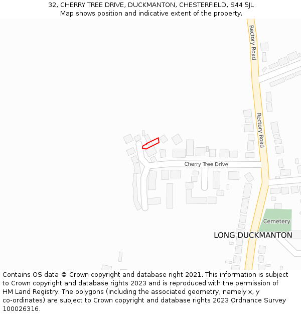 32, CHERRY TREE DRIVE, DUCKMANTON, CHESTERFIELD, S44 5JL: Location map and indicative extent of plot