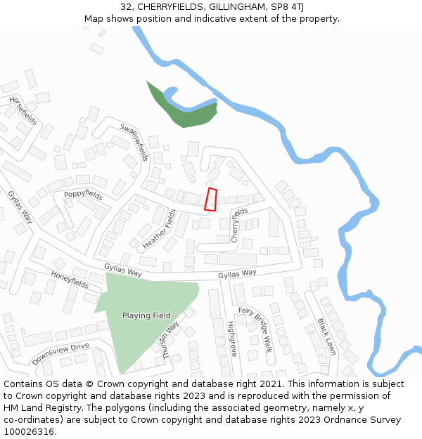 32, CHERRYFIELDS, GILLINGHAM, SP8 4TJ: Location map and indicative extent of plot