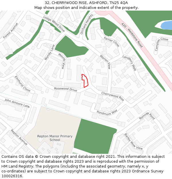 32, CHERRYWOOD RISE, ASHFORD, TN25 4QA: Location map and indicative extent of plot
