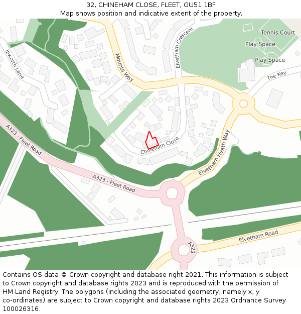 32, CHINEHAM CLOSE, FLEET, GU51 1BF: Location map and indicative extent of plot