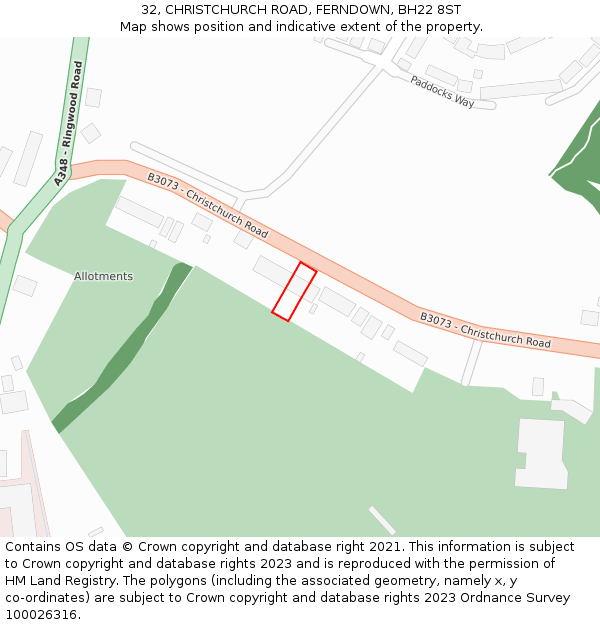 32, CHRISTCHURCH ROAD, FERNDOWN, BH22 8ST: Location map and indicative extent of plot