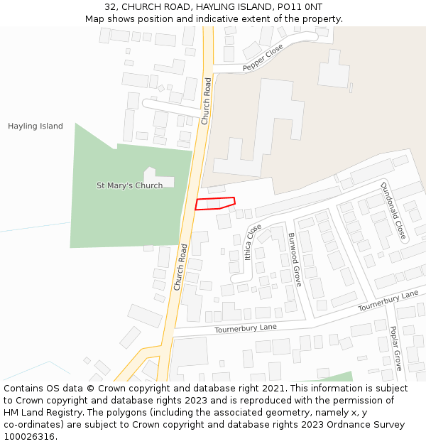 32, CHURCH ROAD, HAYLING ISLAND, PO11 0NT: Location map and indicative extent of plot