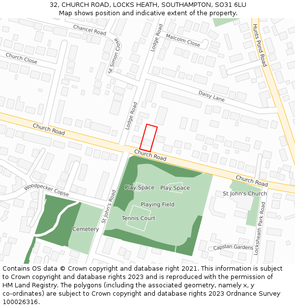 32, CHURCH ROAD, LOCKS HEATH, SOUTHAMPTON, SO31 6LU: Location map and indicative extent of plot