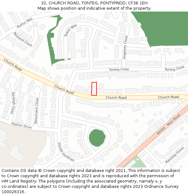 32, CHURCH ROAD, TONTEG, PONTYPRIDD, CF38 1EH: Location map and indicative extent of plot